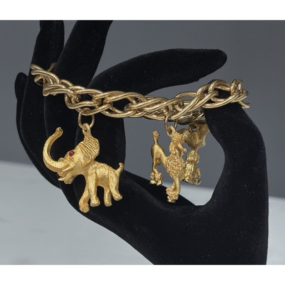 Vintage Charm Bracelet Gold Tone Animal Elephant Poodle Rabbit Chunky 6.5"